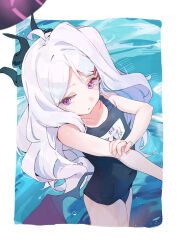 Rule 34 | 1girl, absurdres, ahoge, bare arms, bare legs, bare shoulders, black horns, black one-piece swimsuit, blue archive, blush, collarbone, cowboy shot, demon horns, demon wings, flat chest, halo, highres, hina (blue archive), hina (swimsuit) (blue archive), horns, long hair, multiple horns, name tag, official alternate costume, one-piece swimsuit, purple eyes, purple wings, school swimsuit, solo, swimsuit, white hair, wings, wittmann (ehvr8373)