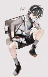 Rule 34 | 1boy, ankle boots, antenna hair, argyle, argyle background, argyle clothes, arknights, belt, black footwear, black hair, black shorts, boots, briefcase, commentary, frown, gloves, grey background, grey socks, grey sweater, highres, hishoti cheese, id card, infection monitor (arknights), jacket, looking at viewer, male focus, material growth, minimalist (arknights), multicolored hair, oripathy lesion (arknights), pointy ears, rolled up paper, short hair, shorts, simple background, socks, solo, spread legs, streaked hair, sweat, sweater, white gloves, white hair, white jacket, yellow eyes