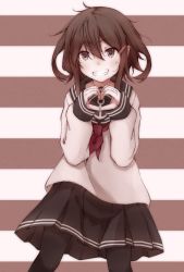 Rule 34 | 10s, 1girl, anchor symbol, black pantyhose, brown eyes, brown hair, grin, hair ornament, hairclip, heart, heart hands, ikazuchi (kancolle), itituki, kantai collection, long sleeves, looking at viewer, neckerchief, pantyhose, pleated skirt, red neckerchief, sailor collar, school uniform, serafuku, short hair, skirt, smile, solo, striped, striped background