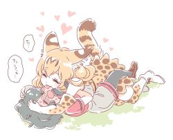 Rule 34 | 10s, 2girls, animal ears, ankle boots, black hair, black legwear, blonde hair, blush, boots, brown footwear, closed eyes, commentary request, elbow gloves, full-face blush, gloves, heart, kaban (kemono friends), kemono friends, licking, licking another&#039;s face, loafers, lying, lying on person, mitsumoto jouji, multiple girls, on back, open mouth, pantyhose, pantyhose under shorts, print gloves, print legwear, print skirt, serval (kemono friends), serval print, serval tail, shirt, shoes, short hair, short sleeves, shorts, simple background, skirt, sleeveless, sleeveless shirt, speech bubble, sweatdrop, tail, thighhighs, tongue, tongue out, translation request, wavy mouth, white background