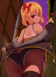 Rule 34 | 1girl, alternate costume, ass, bare shoulders, black jacket, black thighhighs, blonde hair, bow, candy, chiroshiron, contemporary, cutoffs, food, from behind, fur trim, hair bow, highres, holding, jacket, licking lips, lollipop, long sleeves, looking at viewer, looking back, micro shorts, open fly, outdoors, panties, purple sky, red bow, red eyes, rumia, short hair, shorts, sky, smile, solo, string panties, tan, thighhighs, tongue, tongue out, touhou, underwear