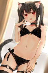 Rule 34 | 1girl, animal ear fluff, animal ears, black bra, black choker, black hair, black nails, black panties, black thighhighs, blurry, blurry background, blush, bow, bow bra, bra, breasts, cat ears, cat girl, cat tail, choker, commentary request, day, depth of field, dutch angle, gluteal fold, hand on own cheek, hand on own face, head tilt, highres, indoors, katsushika pachi, lace, lace-trimmed bra, lace-trimmed panties, lace trim, lingerie, long hair, looking at viewer, nail polish, navel, original, panties, red eyes, small breasts, solo, standing, tail, thigh strap, thighhighs, tongue, tongue out, twintails, underwear, underwear only