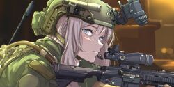 Rule 34 | 1girl, absurdres, assault rifle, combat helmet, commentary, expressionless, flashlight, from side, gloves, green shirt, green vest, grey eyes, grey hair, gun, headset, helmet, highres, holding, holding gun, holding weapon, hololive, jacket, long hair, looking at viewer, m4 carbine, military jacket, night vision device, optical sight, rifle, shirt, shishiro botan, sidelocks, solo, tactical clothes, upper body, utility vest, vest, virtual youtuber, weapon, yellow gloves, zexalmike
