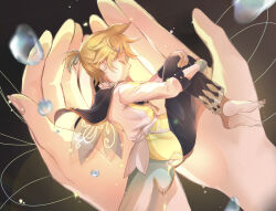 Rule 34 | 1boy, barefoot, black pants, blonde hair, bottle, brown background, closed eyes, colored eyelashes, cupping hands, dust, fairy wings, fetal position, fingernails, from above, glass bottle, hair ornament, hairclip, highres, hugging own legs, in palm, jacket, kagamine len, light particles, long sleeves, lying, male focus, mini person, miniboy, motion blur, nail polish, on side, out of frame, own hands together, pants, pink nails, ponytail, profile, project sekai, shirt, size difference, sleeves past wrists, solo focus, star (symbol), star hair ornament, string, syokorashimegi, tears, transparent, transparent wings, vocaloid, water, white jacket, wings, yellow nails, yellow shirt