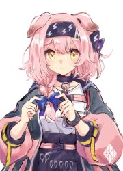 Rule 34 | animal ears, arknights, black jacket, black skirt, blue bow, blush, bow, braid, cat ears, closed mouth, commentary request, goldenglow (arknights), hair between eyes, hair bow, hair over shoulder, highres, jacket, lightning bolt print, long hair, long sleeves, looking at viewer, nanatsuka, open clothes, open jacket, pink hair, puffy long sleeves, puffy sleeves, shirt, simple background, single braid, skirt, white background, white shirt, yellow eyes