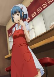 Rule 34 | 1girl, apron, atlus, bisuko (biscuit), blue hair, brown eyes, dutch angle, from below, head scarf, highres, nakamura aika, pencil, persona, persona 4, short hair, solo