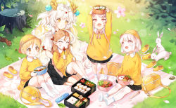 Rule 34 | 5girls, :d, animal, arms up, bad id, bad pixiv id, bag, bento, black skirt, blonde hair, blush, blush stickers, brown eyes, closed mouth, collared shirt, commentary, copyright request, day, emyo, fang, flower, food, grass, hat, holding, holding food, kindergarten bag, kindergarten uniform, kneehighs, light brown hair, long hair, long sleeves, multiple girls, no shoes, open mouth, outdoors, petals, picnic, pink flower, pink hair, pleated skirt, pointy ears, rabbit, school hat, shade, shirt, shoes, short sleeves, sitting, skirt, smile, socks, squirrel, standing, thick eyebrows, tree stump, unworn shoes, very long hair, white hair, white legwear, white shirt, yellow eyes, yellow footwear, yellow hat, yellow shirt