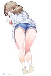 Rule 34 | 1girl, ass, blue eyes, blue shorts, brown hair, from behind, full body, grin, half-closed eyes, hand on own leg, heel up, inu (aerodog), kneepits, leaning forward, legs, long sleeves, looking at viewer, looking back, love live!, love live! sunshine!!, medium hair, panties, panty peek, shoes, short shorts, shorts, simple background, smile, socks, solo, standing, sweater, thighs, twitter username, underwear, upshorts, w, watanabe you, white background, white footwear, white socks, white sweater, yellow panties
