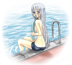 Rule 34 | 1girl, back, blue eyes, blue jammers, blue male swimwear, blush, breast press, breasts, butt crack, covering privates, crossdressing, embarrassed, jammers, kickboard, kisara (yu-gi-oh!), long hair, looking back, male swimwear, open mouth, pool, pool ladder, poolside, silver hair, sitting, soaking feet, solo, swimsuit, topfreedom, topless, very long hair, water, yu-gi-oh!, yu-gi-oh! duel monsters, zuino