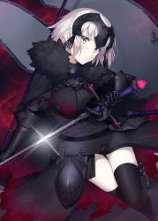 Rule 34 | 1girl, armor, armored dress, black dress, black gloves, black thighhighs, breasts, chain, dress, fate/grand order, fate (series), flag, fur trim, gauntlets, gloves, headpiece, highres, jeanne d&#039;arc (fate), jeanne d&#039;arc alter (avenger) (fate), jeanne d&#039;arc alter (avenger) (first ascension) (fate), jeanne d&#039;arc alter (fate), large breasts, looking at viewer, nezumidoshi, short hair, silver hair, solo, sword, thighhighs, weapon, yellow eyes