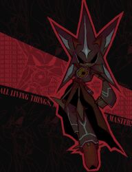 Rule 34 | 1boy, animal ears, black background, character name, clip studio paint (medium), commentary, english commentary, english text, full body, highres, looking at viewer, male focus, metal sonic, neo metal sonic, outline, red eyes, red outline, robot, scanlines, simple background, solo, sonic (series), standing, zeezu-ix