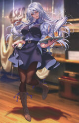 Rule 34 | 1girl, absurdres, amagasa tsuzuri, blurry, blurry background, blush, boots, breasts, buttons, cross-laced footwear, cup, food, full body, green eyes, grey hair, hanikami kanojo, highres, holding, holding tray, indoors, lace-up boots, leg up, long hair, looking at viewer, medium breasts, open mouth, pantyhose, piromizu, puffy sleeves, scan, shadow, short sleeves, simple background, skirt, skirt hold, solo, tray, waitress, wooden floor