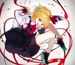 Rule 34 | 1girl, ascot, beads, black footwear, black skirt, black vest, blonde hair, brooch, collared shirt, daimaou ruaeru, fangs, fingernails, full body, gem, hair ribbon, highres, jewelry, loafers, long sleeves, looking at viewer, medium hair, nail polish, open mouth, outstretched arm, red ascot, red eyes, red gemstone, red nails, red ribbon, red thighhighs, ribbon, rumia, sharp fingernails, shirt, shoes, simple background, skirt, soles, solo, standing, standing on one leg, thighhighs, tongue, touhou, vest, white background, white shirt, wing collar