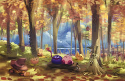Rule 34 | autumn leaves, character request, closed eyes, day, forest, gooey (kirby), highres, kirby, kirby (series), long tongue, looking at another, looking away, nature, nintendo, open mouth, outdoors, parted lips, sleeping, smile, suyasuyabi, tongue, tree