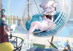 Rule 34 | 1girl, ahoge, animal ears, arknights, bare legs, bikini, black bikini, blue eyes, blue sky, boat, bottle, closed mouth, cocktail glass, commentary request, cup, day, dock, drink, drinking glass, expressionless, food, fox ears, fruit, gawako, grey hair, hanging chair, headphones, highres, holding, holding drink, ice bucket, lemon, lens flare, light particles, looking at viewer, material growth, medium hair, navel, ocean, off-shoulder bikini, off shoulder, official alternate costume, oripathy lesion (arknights), outdoors, sailboat, short twintails, sitting, sky, solo, sussurro (arknights), sussurro (summer flower) (arknights), swimsuit, twintails, watercraft, wine bottle, wine glass