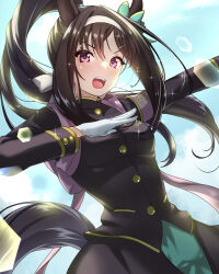 Rule 34 | 1girl, absurdres, alternate costume, alternate hairstyle, animal ears, armband, black hair, black jacket, black skirt, breasts, commission, gloves, hair ornament, hairband, hairclip, highres, horse ears, horse girl, horse tail, jacket, long hair, long sleeves, looking at viewer, mejiro dober (umamusume), nekogusa kinako, open mouth, ouendan, outstretched arm, ponytail, purple eyes, skeb commission, skirt, small breasts, solo, sparkle, sweat, tail, umamusume, upper body, v-shaped eyebrows, white gloves