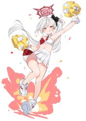 Rule 34 | 1girl, :p, absurdres, bare shoulders, black flower, blue archive, breasts, cheering, cheerleader, cleavage, criss-cross halter, crop top, deitaku, detached collar, flower, grey hair, hair flower, hair ornament, hair scrunchie, halo, halterneck, highres, holding, holding pom poms, long hair, looking at viewer, midriff, millennium cheerleader outfit (blue archive), miniskirt, mutsuki (blue archive), navel, panties, pleated skirt, pom pom (cheerleading), pom poms, red eyes, scrunchie, shoes, side ponytail, simple background, skirt, small breasts, smile, sneakers, solo, sports bra, tongue, tongue out, two-tone skirt, underwear, white background, white panties, white skirt