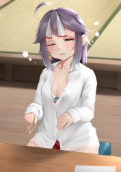 Rule 34 | 1girl, ahoge, bad id, bad pixiv id, blush, bra slip, breasts, cleavage, comb, dazed, hair ribbon, hayanami (kancolle), holding, holding comb, kantai collection, ne an ito, no panties, one eye closed, open clothes, open shirt, purple hair, ribbon, shirt, short hair, sidelocks, sitting, small breasts, solo, tatami, white ribbon, white shirt, yellow eyes