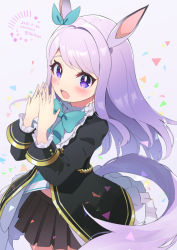 Rule 34 | 1girl, animal ears, aqua ribbon, armband, black jacket, black skirt, blush, bow, cocoloco, commentary request, cowboy shot, dated, ear ribbon, horse ears, horse girl, horse tail, jacket, long hair, long sleeves, looking at viewer, mejiro mcqueen (umamusume), open clothes, open jacket, open mouth, pleated skirt, purple eyes, purple hair, ribbon, skirt, solo, tail, twitter username, umamusume