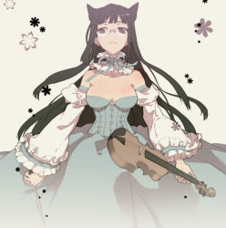 Rule 34 | 1girl, animal ears, blue theme, breasts, brown eyes, dress, female focus, frills, glasses, h2so4, instrument, large breasts, long hair, original, ribbon, simple background, solo, violin