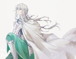 Rule 34 | 1boy, armor, bedivere (fate), breastplate, cloak, closed mouth, fate/grand order, fate (series), floating hair, gauntlets, green eyes, green skirt, grey hair, hair between eyes, hair tubes, hand up, kneehighs, long hair, looking up, male focus, norai0813, simple background, skirt, socks, twintails, white background, white cloak