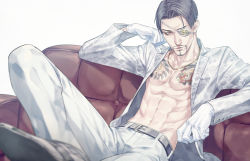 Rule 34 | 1boy, abs, bare pectorals, belt, black belt, black hair, blouse, chest tattoo, colored eyepatch, couch, eyepatch, facial hair, gloves, goatee, hand on own face, irezumi, jewelry, looking at viewer, lounging, majima goro, male focus, necklace, open clothes, open shirt, pants, pectorals, ryuu ga gotoku (series), shirt, short hair, simple background, sitting, snake print, talgi, tattoo, white background, white gloves, white pants, white shirt