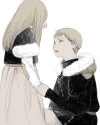 Rule 34 | 1boy, 1girl, black shirt, blonde hair, brother and sister, child, comforting, dress, dungeon meshi, falin touden, falin touden (tallman), frs2, fur trim, highres, holding hands, hood, hood down, laios touden, layered sleeves, long hair, long sleeves, looking at another, o-ring, on one knee, open mouth, sash, shirt, short hair, short over long sleeves, short sleeves, siblings, simple background, tears, turtleneck, white background, winter clothes, wiping face, wiping tears, yellow eyes
