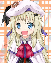 Rule 34 | 1girl, :d, absurdres, bad id, bad pixiv id, bat hair ornament, blue eyes, cape, hair ornament, hat, highres, little busters!, long hair, looking at viewer, noumi kudryavka, open mouth, school uniform, silver hair, smile, solo, tazaki hayato