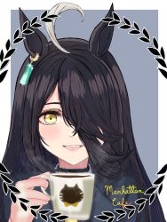 Rule 34 | 1girl, ahoge, animal ears, b9pqpy, black choker, black hair, black jacket, choker, coffee cup, commentary, cup, cursive, disposable cup, earrings, hair over one eye, highres, holding, holding cup, horse ears, horse girl, jacket, jewelry, long hair, looking at viewer, manhattan cafe (umamusume), necktie, single earring, smile, solo, umamusume, upper body, yellow eyes, yellow necktie