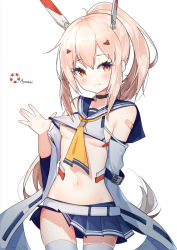 Rule 34 | 1girl, :3, ayanami (azur lane), azur lane, bad id, bad pixiv id, bandaid, bandaid on arm, bandaids on nipples, bare shoulders, blue sailor collar, blue skirt, blush, breasts, character name, closed mouth, clothes lift, detached sleeves, hair between eyes, hair ornament, hairclip, head tilt, headgear, high ponytail, lifebuoy, lifted by self, light brown hair, long hair, long sleeves, looking at viewer, navel, pasties, pleated skirt, ponytail, red eyes, remodel (azur lane), sailor collar, shirt, shirt lift, sidelocks, simple background, skirt, sleeveless, sleeveless shirt, small breasts, smile, solo, swim ring, thighhighs, very long hair, w.k, white background, white shirt, white sleeves, white thighhighs, wide sleeves, yellow neckwear