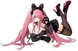 Rule 34 | 1girl, animal ears, animal hands, azur lane, bare shoulders, black choker, black dress, black footwear, black garter straps, breasts, cat ears, choker, cleavage, detached sleeves, dress, fake animal ears, fingerless gloves, full body, garter straps, gloves, high heels, la galissonniere (azur lane), la galissonniere (black cat of all hallows&#039; eve) (azur lane), lace, lace-trimmed legwear, lace trim, large breasts, long hair, looking at viewer, lying, microdress, mouth hold, official alternate costume, official art, on side, paw gloves, pink eyes, pink hair, pinup (style), red soles, shoes, solo, stiletto heels, suisai (suisao), thighhighs, transparent background, twintails, very long hair, zettai ryouiki