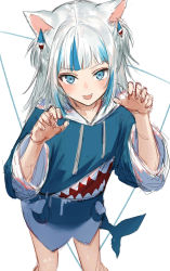 Rule 34 | 1girl, animal ears, blue eyes, blue hair, blue hoodie, blush, cat ears, claw pose, cowboy shot, fins, fish tail, flat chest, gawr gura, gawr gura (1st costume), hair ornament, highres, hololive, hololive english, hood, hoodie, isshiki (ffmania7), kemonomimi mode, long hair, looking at viewer, multicolored hair, open mouth, shark hair ornament, shark tail, sharp teeth, short twintails, signature, silver hair, simple background, sketch, smile, solo, streaked hair, tail, teeth, twintails, twitter username, two-tone hair, virtual youtuber, white background