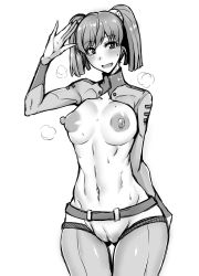 Rule 34 | 10s, 1girl, absurdres, arm behind back, belt, blush, bodysuit, breasts, breasts apart, censored, center opening, cleft of venus, fat mons, functionally nude, gggg, highres, looking at viewer, medium breasts, misaki yuria, monochrome, mosaic censoring, nipples, no bra, no panties, pointless censoring, puffy nipples, pussy, salute, short hair, simple background, solo, standing, sweat, twintails, uchuu senkan yamato, uchuu senkan yamato 2199, white background