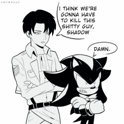 Rule 34 | 2boys, animal ears, animal nose, artist name, clenched teeth, crossed arms, crossover, english text, furry, furry male, gloves, greyscale, highres, i think we&#039;re gonna have to kill this guy steven (meme), levi (shingeki no kyojin), male focus, meme, monochrome, multiple boys, nenemyun, shadow the hedgehog, shingeki no kyojin, simple background, sonic (series), speech bubble, standing, tail, teeth, white background