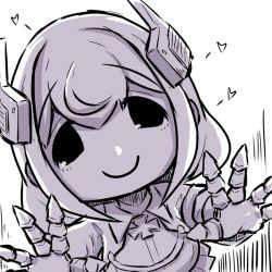 Rule 34 | 1girl, azur lane, chibi, collared shirt, gloves, greyscale, hair between eyes, headgear, heart, long hair, long sleeves, looking at viewer, monochrome, outstretched arms, pleated skirt, roon (azur lane), shirt, skirt, solo, u-non (annon&#039;an), white background