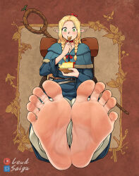 Rule 34 | 1girl, backpack, bag, barefoot, belt, blonde hair, blue dress, blush, cake, cake slice, cape, choker, dress, dungeon meshi, eating, elf, food, foot focus, green eyes, holding, holding food, leaf, lewdsaiga, long hair, long sleeves, looking at food, marcille donato, mushroom, patreon logo, patreon username, pixiv logo, pixiv username, pointy ears, red choker, sitting, soles, solo, spoon, staff, toes, twintails, utensil in mouth, wooden staff