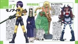 Rule 34 | 10s, 4girls, ass, backbeard (monster musume), blonde hair, boots, border, braid, breasts, brown hair, cleavage, cyclops, cyclops (monster musume), dark-skinned female, dark skin, elbow pads, end card, gloves, green eyes, green hair, gun, hammer, highres, iris (monster musume), knee pads, kono lolicon domome, large breasts, long hair, manako, monster girl, monster musume no iru nichijou, multiple girls, naked overalls, nun, official art, okayado, one-eyed, one-eyed monk (monster musume), overalls, purple eyes, purple hair, red eyes, rifle, simple background, sniper rifle, striped clothes, striped legwear, striped thighhighs, thighhighs, translation request, twin braids, twintails, uniform, weapon