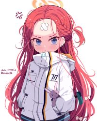 Rule 34 | 1girl, anger vein, bandaid, bandaid on face, bandaid on forehead, blue archive, blue eyes, bow, braid, closed mouth, hair bow, halo, hands in pockets, highres, jacket, long hair, long sleeves, looking at viewer, pink bow, pixiv id, red hair, simple background, solo, sseopik, twitter username, very long hair, white background, white jacket, yuzu (blue archive)