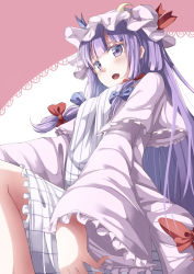 Rule 34 | 1girl, blush, crescent, dress, female focus, gurasion (gurasion), hat, highres, long hair, open mouth, patchouli knowledge, purple eyes, purple hair, solo, striped clothes, striped dress, touhou, vertical stripes
