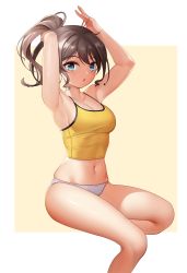 Rule 34 | 1girl, :o, absurdres, adjusting hair, armpits, arms up, bang dream!, bare legs, blue eyes, breasts, brown hair, camisole, cleavage, dopamine70, highres, navel, no pants, panties, simple background, solo, underwear, underwear only, white panties, yamabuki saya