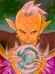 Rule 34 | 10s, 1boy, bad id, bad pixiv id, black eyes, crystal ball, dragon ball, dragon ball super, earrings, egyptian clothes, gowasu, green background, happy, jewelry, long sleeves, looking away, male focus, mohawk, pointy ears, simple background, smile, solo, white hair