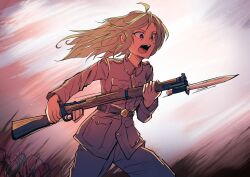 Rule 34 | 1girl, absurdres, ahoge, barbed wire, battle, bayonet, belt, belt buckle, blonde hair, bolt action, brown pants, brown shirt, buckle, buttons, charging forward, collared shirt, commentary, english commentary, fighting stance, floating hair, gun, highres, holding, holding gun, holding weapon, lee-enfield, long hair, long sleeves, looking ahead, military, military uniform, mixed-language commentary, nico jiang, open mouth, original, pants, pocket, purple eyes, rifle, shirt, shouting, soldier, solo, teeth, uniform, war, weapon, world war i