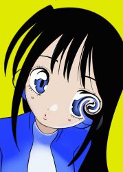 Rule 34 | 1girl, :o, black hair, blue eyes, blue shirt, commentary, distortion, head tilt, highres, long hair, looking at viewer, original, parted lips, portrait, shirt, simple background, solo, straight hair, urokogaran, yellow background