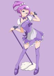 Rule 34 | 1girl, adapted costume, alternate costume, apron, bespectacled, bow, brooch, choker, cure sword, dokidoki! precure, enmaided, frills, full body, galaxea, glasses, hair ornament, heart, heart brooch, highres, jewelry, kenzaki makoto, magical girl, maid, maid apron, mop, ponytail, precure, purple background, purple bow, purple eyes, purple hair, purple skirt, purple theme, purple thighhighs, ribbon, shoes, short hair, skirt, smile, solo, spade hair ornament, standing, thighhighs, wrist cuffs, zettai ryouiki