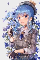 Rule 34 | 1girl, absurdres, ascot, beret, black choker, black gloves, blue ascot, blue eyes, blue hair, blush, bow, buttons, choker, cowboy shot, crown, double-breasted, dress, earrings, flower, gloves, grey hat, hair bow, haru yu, hat, highres, holding, holding flower, hololive, hoshimachi suisei, hoshimachi suisei (1st costume), jewelry, long sleeves, looking at viewer, medium hair, necklace, parted lips, partially fingerless gloves, pendant, plaid, short dress, side ponytail, smile, solo, star (symbol), star necklace, virtual youtuber