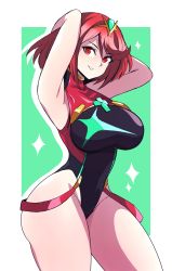 Rule 34 | 1girl, absurdres, abysswatchers, black one-piece swimsuit, breasts, chest jewel, competition swimsuit, highres, large breasts, one-piece swimsuit, pyra (pro swimmer) (xenoblade), pyra (xenoblade), red eyes, red hair, red one-piece swimsuit, short hair, solo, swept bangs, swimsuit, two-tone swimsuit, xenoblade chronicles (series), xenoblade chronicles 2