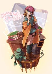 Rule 34 | 1girl, bike shorts, blue eyes, book, boots, breasts, chrono trigger, cleavage, glasses, gurugurere, highres, looking at viewer, lucca ashtear, purple hair, scarf, short hair, skirt, solo, thigh strap, wrench