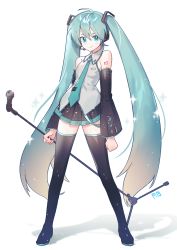 Rule 34 | absurdres, aqua eyes, aqua hair, aqua necktie, bare shoulders, black skirt, black sleeves, black thighhighs, boots, clenched hands, commentary request, derivative work, detached sleeves, full body, grey shirt, hair ornament, hatsune miku, headphones, headset, highres, holding, holding microphone stand, long hair, looking at viewer, microphone, microphone stand, miniskirt, necktie, panprika, pleated skirt, shadow, shirt, shoulder tattoo, skirt, sleeveless, sleeveless shirt, smile, solo, sparkle, standing, tattoo, thigh boots, thighhighs, twintails, v-shaped eyebrows, very long hair, vocaloid, vocaloid boxart pose, white background, zettai ryouiki