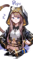 1girl animal_ears animal_hood ankh arknights blue_eyes brown_hair cat_ears cat_hood cat_tail character_name coin flower glint hand_on_own_hip highres holding holding_coin hood long_hair luan_teng midriff navel pepe_(arknights) smile tail tail_ornament tail_ring white_flower