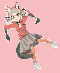 Rule 34 | 1girl, animal ears, beret, black shirt, brown pantyhose, collared shirt, commentary request, double v, fox ears, fox girl, fox tail, fur trim, gloves, grey gloves, grey hair, grey pantyhose, grey skirt, hasu (zatsugami), hat, highres, island fox (kemono friends), jacket, kemono friends, kemono friends v project, light brown hair, loafers, long sleeves, multicolored hair, necktie, official alternate costume, orange hat, orange jacket, pantyhose, pleated skirt, shirt, shoes, skirt, solo, tail, twintails, two-tone hair, two-tone legwear, v, virtual youtuber, white footwear, white necktie
